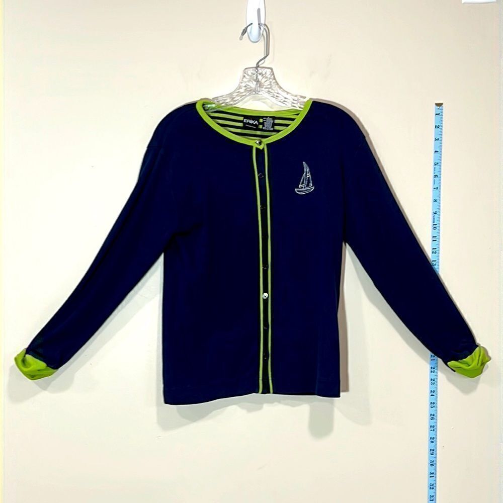 Blue & Green Nautical Button Up Sweater By Erika Collection. Size Large.